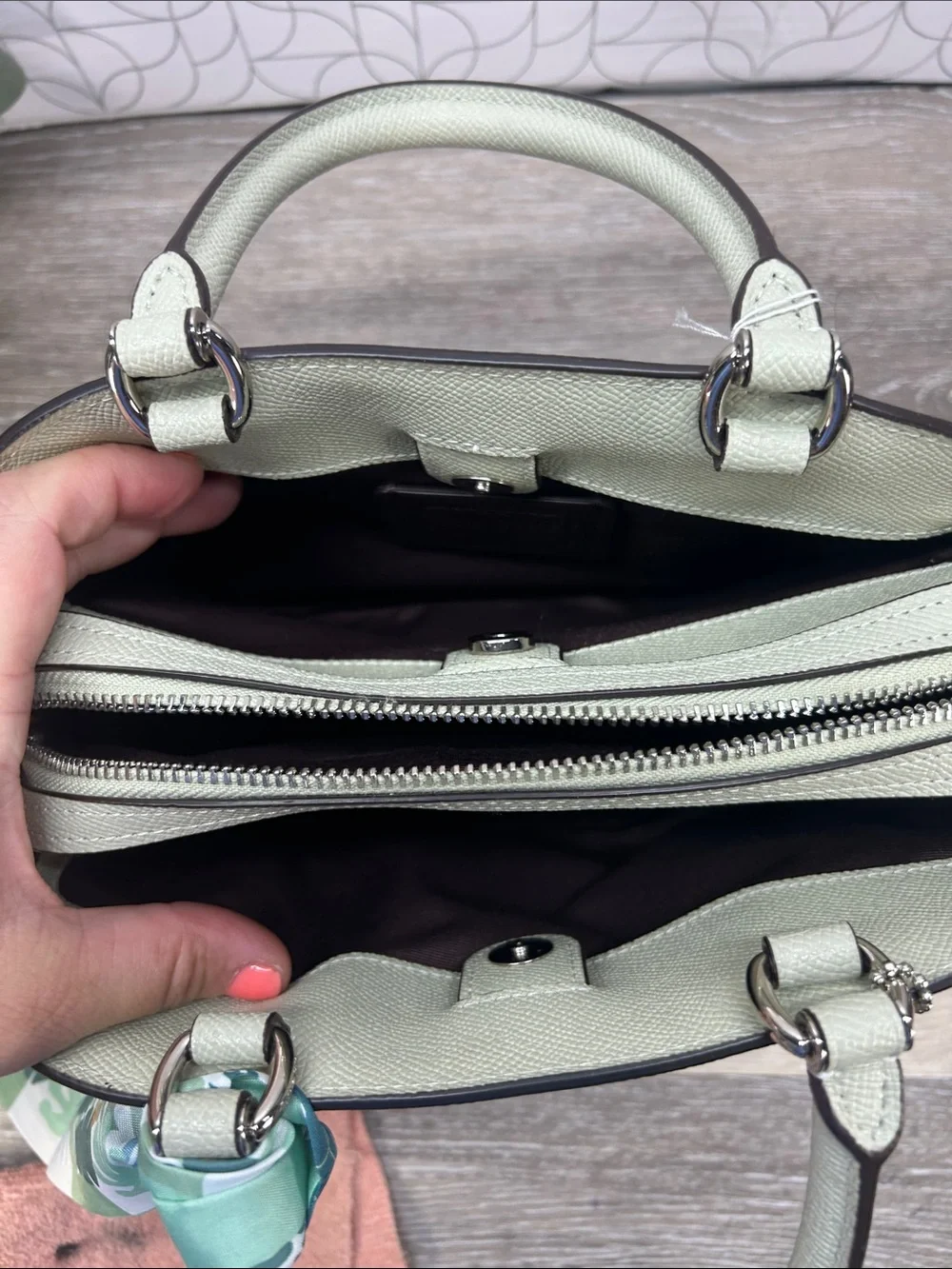 2542 Coach Sage Green Pebbled Leather Satchel with Printed Scarf 267082542
